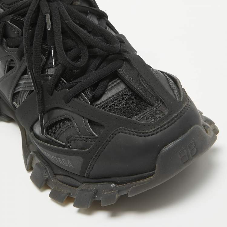 Pre Owned Balenciaga Black Faux Leather and Mesh Track Lace Up Sneakers Size 39