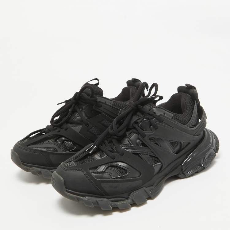 Pre Owned Balenciaga Black Faux Leather and Mesh Track Lace Up Sneakers Size 39