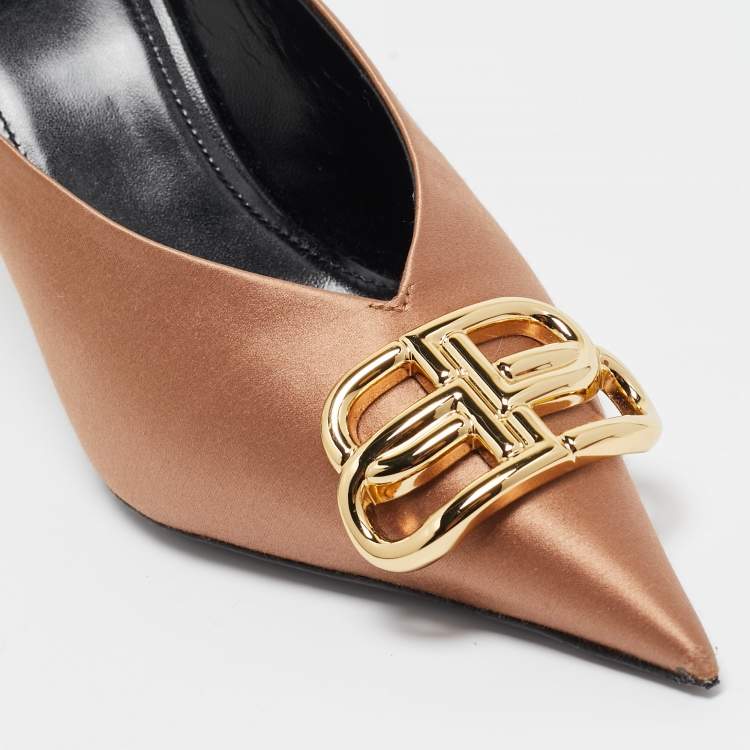 Pre Owned Balenciaga Brown Satin BB Knife Mules Size 37