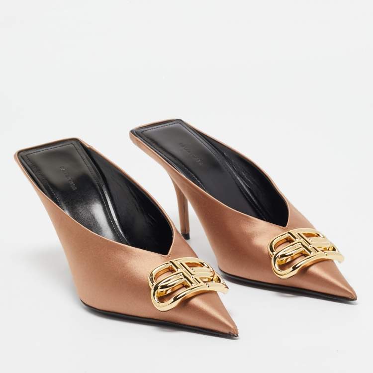 Pre Owned Balenciaga Brown Satin BB Knife Mules Size 37