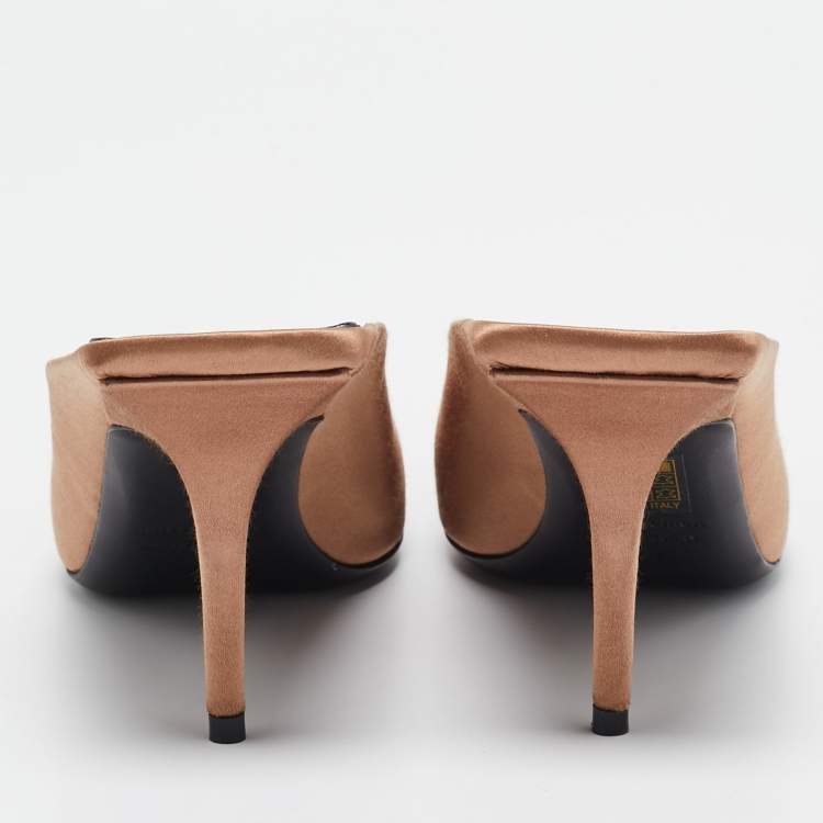 Pre Owned Balenciaga Brown Satin BB Knife Mules Size 37