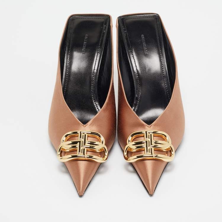 Pre Owned Balenciaga Brown Satin BB Knife Mules Size 37