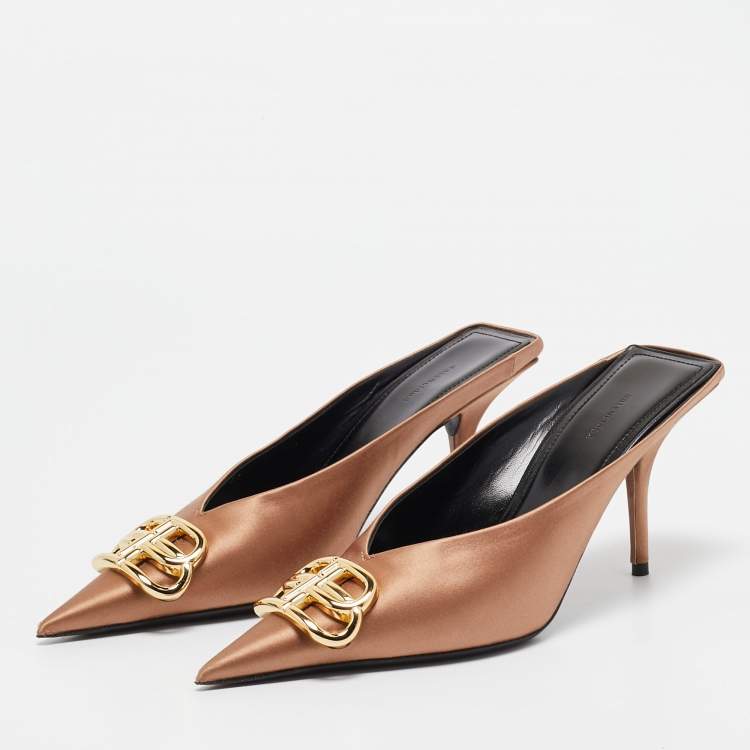 Pre Owned Balenciaga Brown Satin BB Knife Mules Size 37