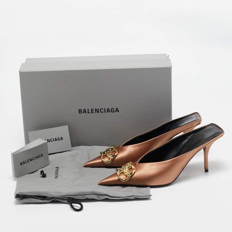 Pre Owned Balenciaga Brown Satin BB Knife Mules Size 37