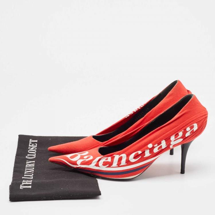 Pre Owned Balenciaga Red/Black Logo Fabric and Leather Knife Pumps Size 40