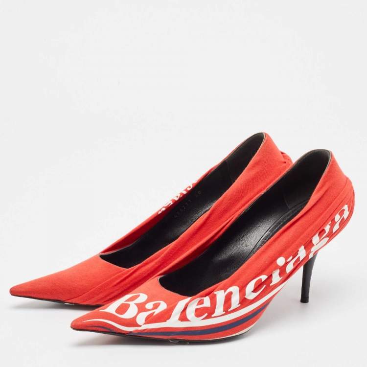 Pre Owned Balenciaga Red/Black Logo Fabric and Leather Knife Pumps Size 40