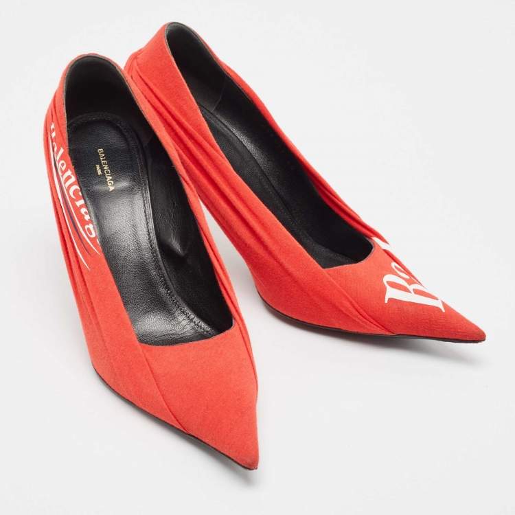Pre Owned Balenciaga Red/Black Logo Fabric and Leather Knife Pumps Size 40