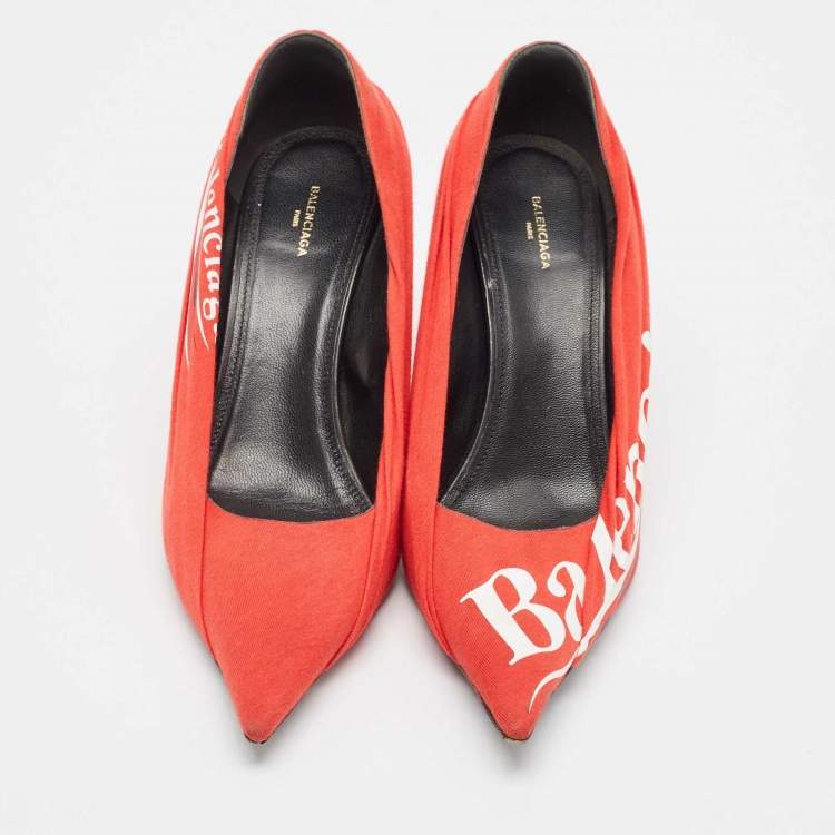 Pre Owned Balenciaga Red/Black Logo Fabric and Leather Knife Pumps Size 40