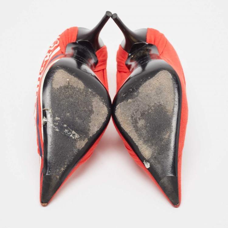 Pre Owned Balenciaga Red/Black Logo Fabric and Leather Knife Pumps Size 40