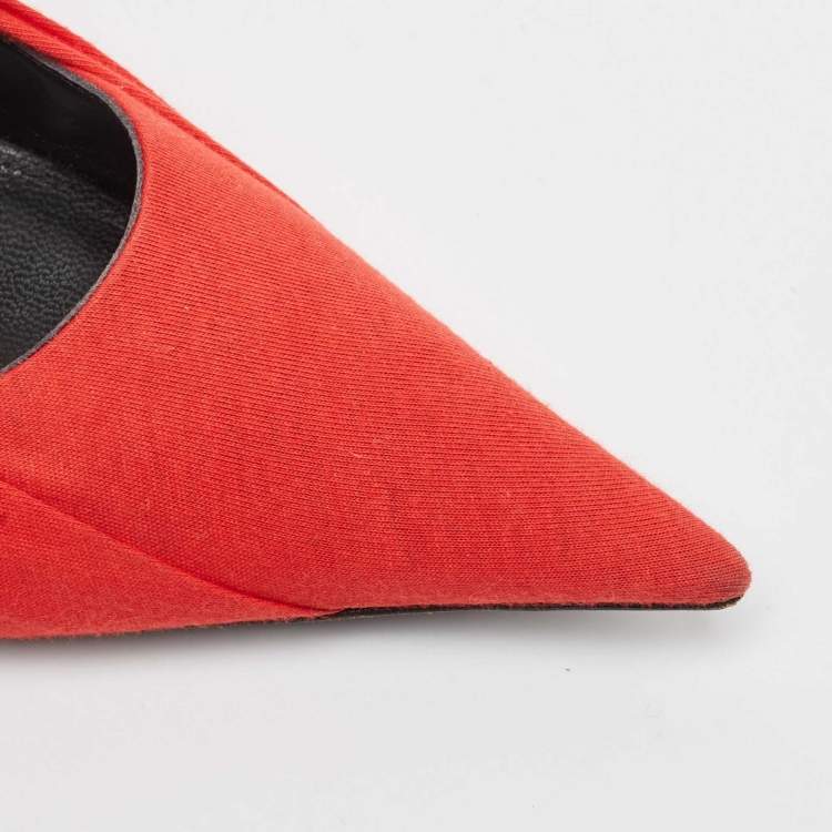 Pre Owned Balenciaga Red/Black Logo Fabric and Leather Knife Pumps Size 40