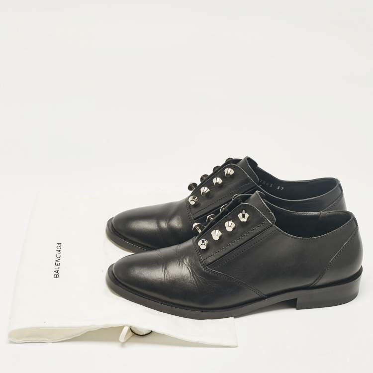 Pre Owned Balenciaga Black Leather Studded Oxfords Size 37
