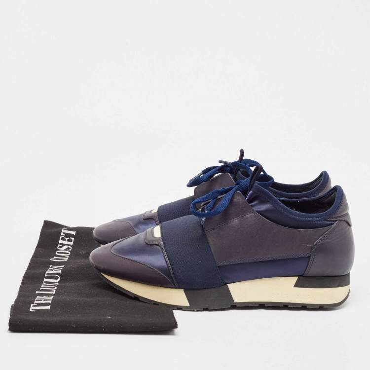 Pre Owned Balenciaga Navy Blue Fabric and Leather Race Runner Lace Up Sneakers Size 37