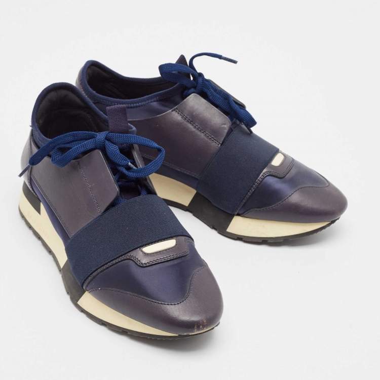 Pre Owned Balenciaga Navy Blue Fabric and Leather Race Runner Lace Up Sneakers Size 37