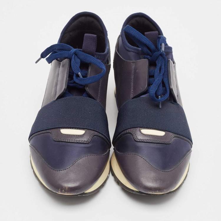 Pre Owned Balenciaga Navy Blue Fabric and Leather Race Runner Lace Up Sneakers Size 37