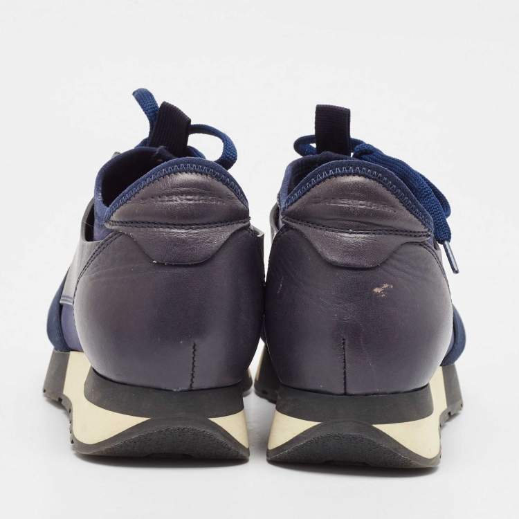 Pre Owned Balenciaga Navy Blue Fabric and Leather Race Runner Lace Up Sneakers Size 37