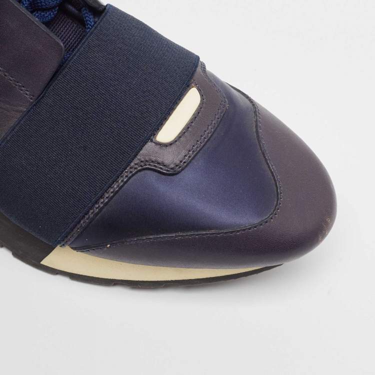 Pre Owned Balenciaga Navy Blue Fabric and Leather Race Runner Lace Up Sneakers Size 37