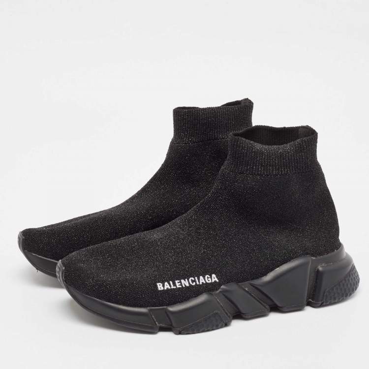 Pre Owned Balenciaga Black Lurex Fabric Speed Trainer High Top Sneakers Size 38