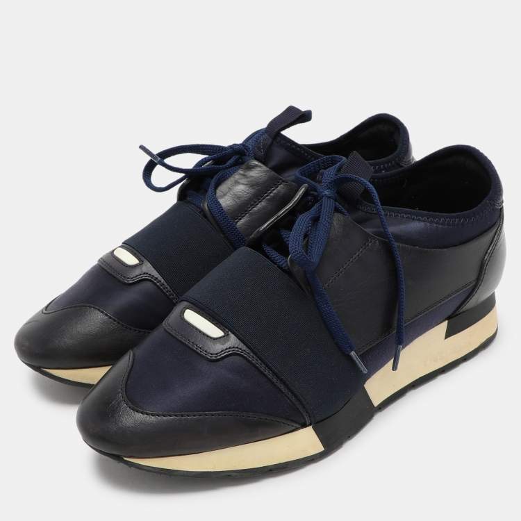 Pre Owned Balenciaga Navy Blue Leather and Satin Race Runner Low Top Sneakers Size 39