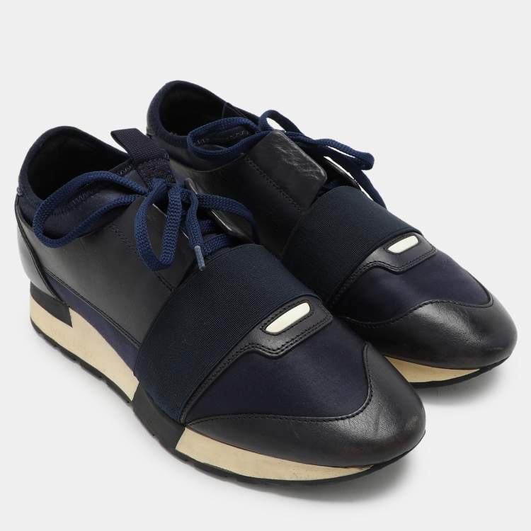 Pre Owned Balenciaga Navy Blue Leather and Satin Race Runner Low Top Sneakers Size 39