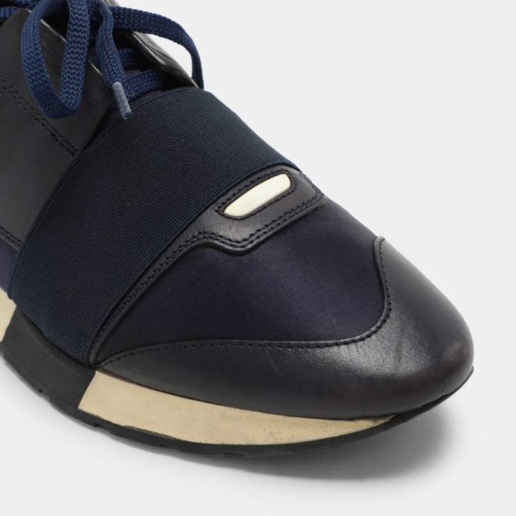 Pre Owned Balenciaga Navy Blue Leather and Satin Race Runner Low Top Sneakers Size 39