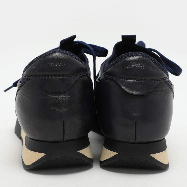 Pre Owned Balenciaga Navy Blue Leather and Satin Race Runner Low Top Sneakers Size 39