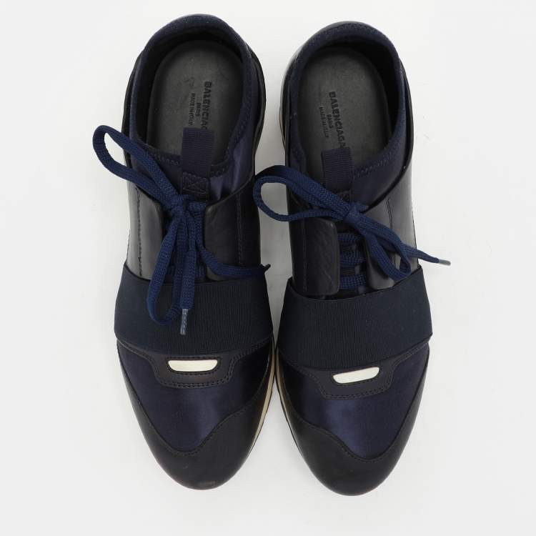 Pre Owned Balenciaga Navy Blue Leather and Satin Race Runner Low Top Sneakers Size 39