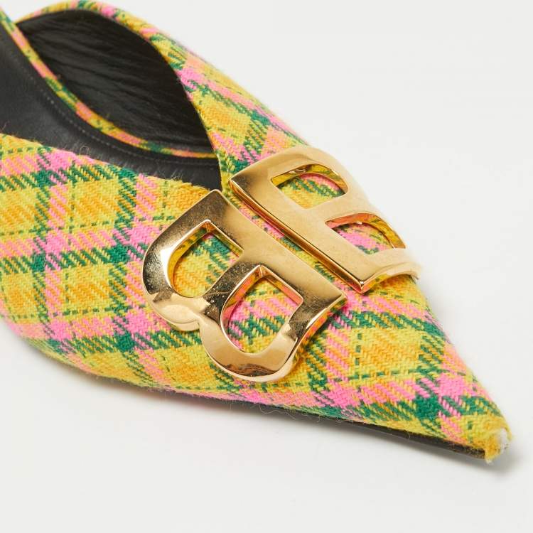 Pre Owned Balenciaga Tricolor Plaid Canvas BB Knife Mules Size 40