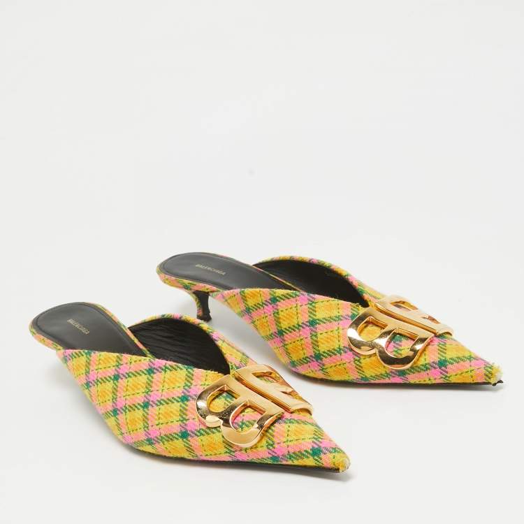 Pre Owned Balenciaga Tricolor Plaid Canvas BB Knife Mules Size 40