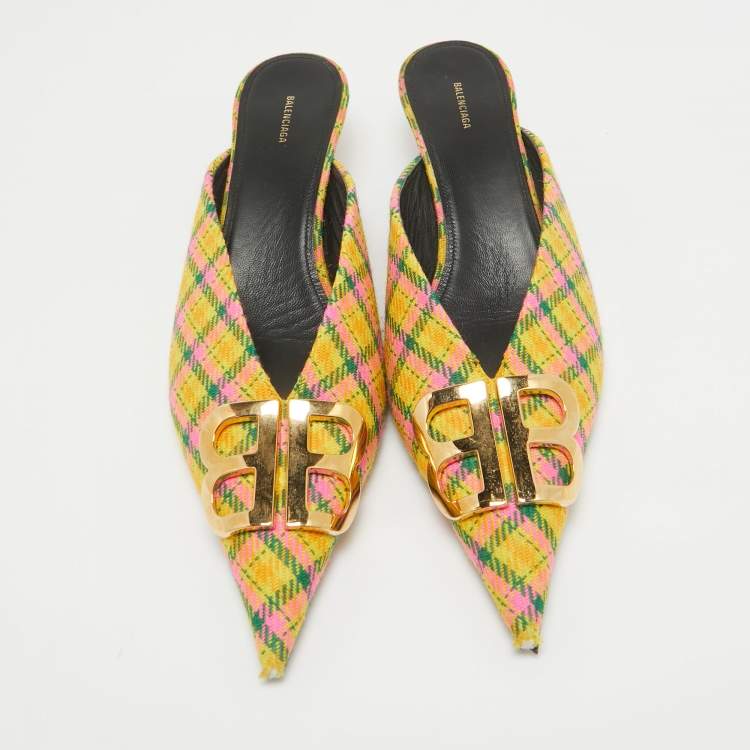 Pre Owned Balenciaga Tricolor Plaid Canvas BB Knife Mules Size 40