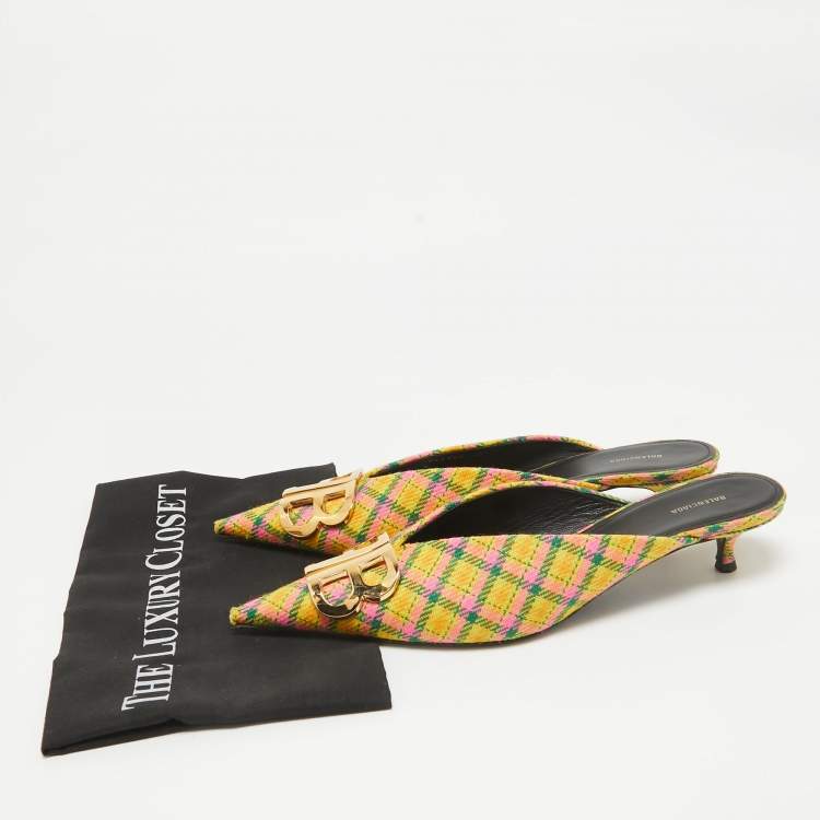 Pre Owned Balenciaga Tricolor Plaid Canvas BB Knife Mules Size 40