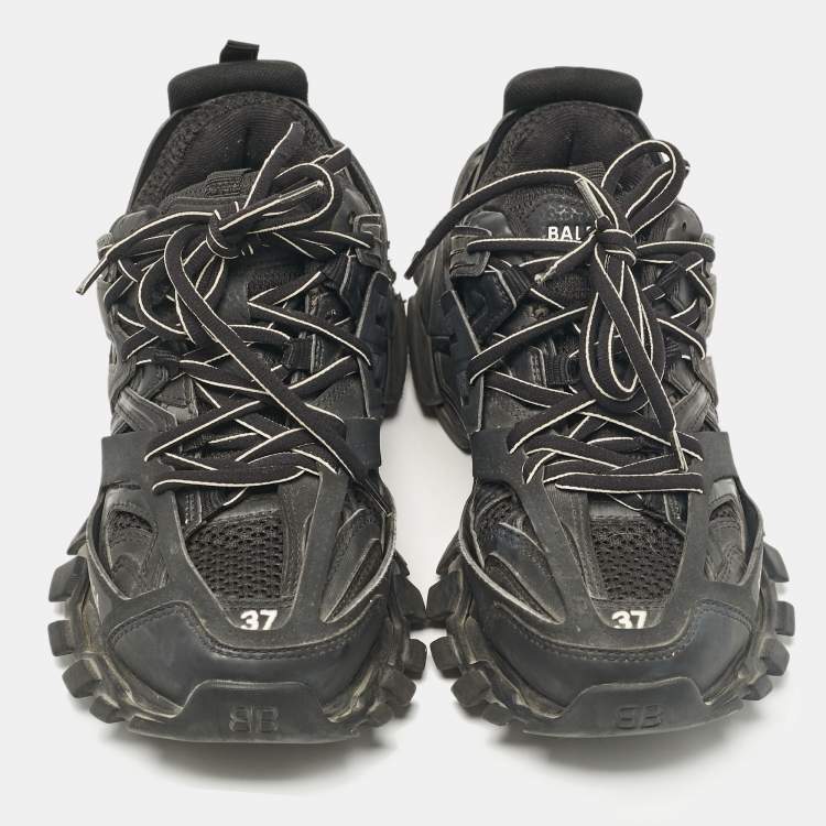 Pre Owned Balenciaga Black Faux Leather and Mesh Track Sneakers Size 37