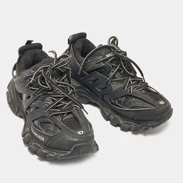 Pre Owned Balenciaga Black Faux Leather and Mesh Track Sneakers Size 37