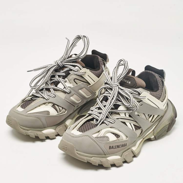Pre Owned Balenciaga Grey Faux Leather and Mesh Track Lace Up Sneakers Size 38