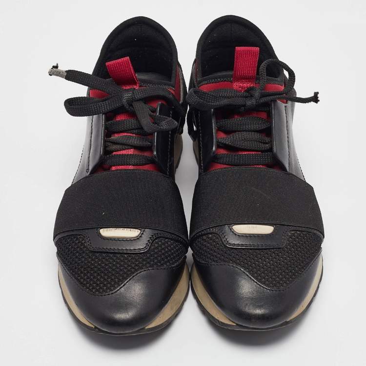 Pre Owned Balenciaga Black Fabric Leather Race Runner Lace Up Sneakers Size 36