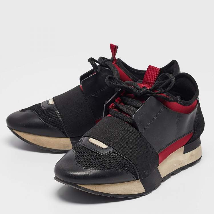 Pre Owned Balenciaga Black Fabric Leather Race Runner Lace Up Sneakers Size 36