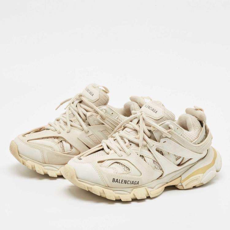 Pre Owned Balenciaga White Faux Leather and Mesh Track Lace Up Sneakers Size 38