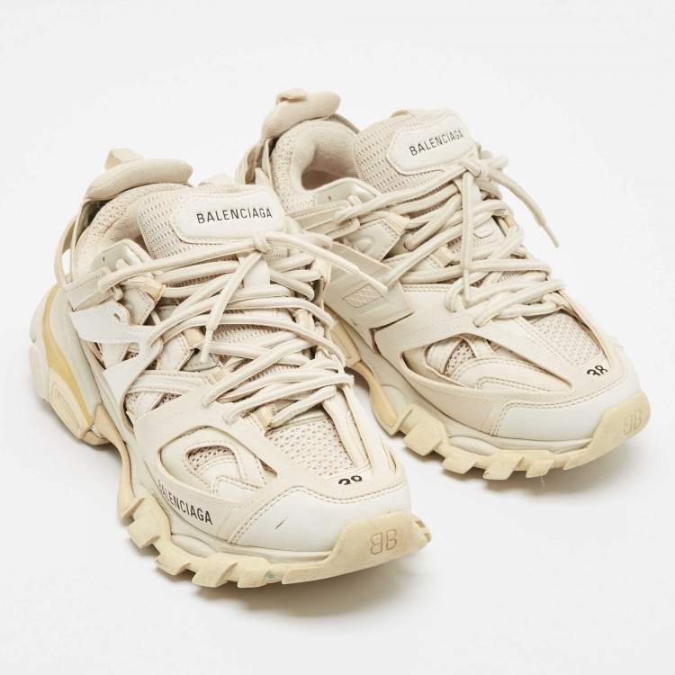 Pre Owned Balenciaga White Faux Leather and Mesh Track Lace Up Sneakers Size 38