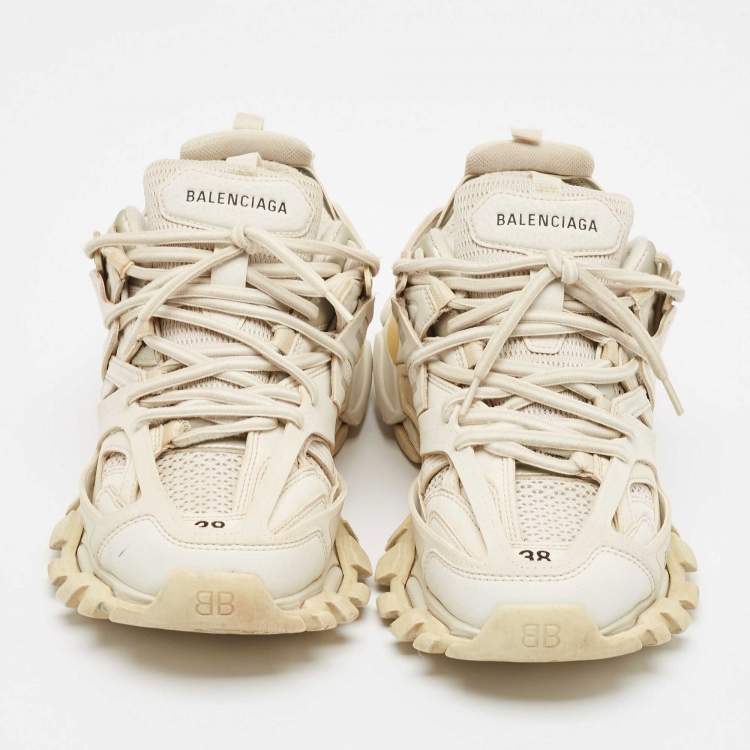 Pre Owned Balenciaga White Faux Leather and Mesh Track Lace Up Sneakers Size 38
