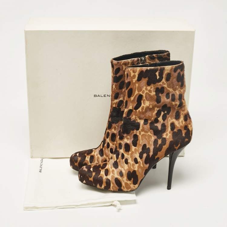 Pre Owned Balenciaga Brown Leopard Print Calf Hair Ankle Boots Size 39.5