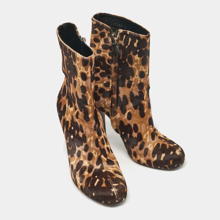 Pre Owned Balenciaga Brown Leopard Print Calf Hair Ankle Boots Size 39.5