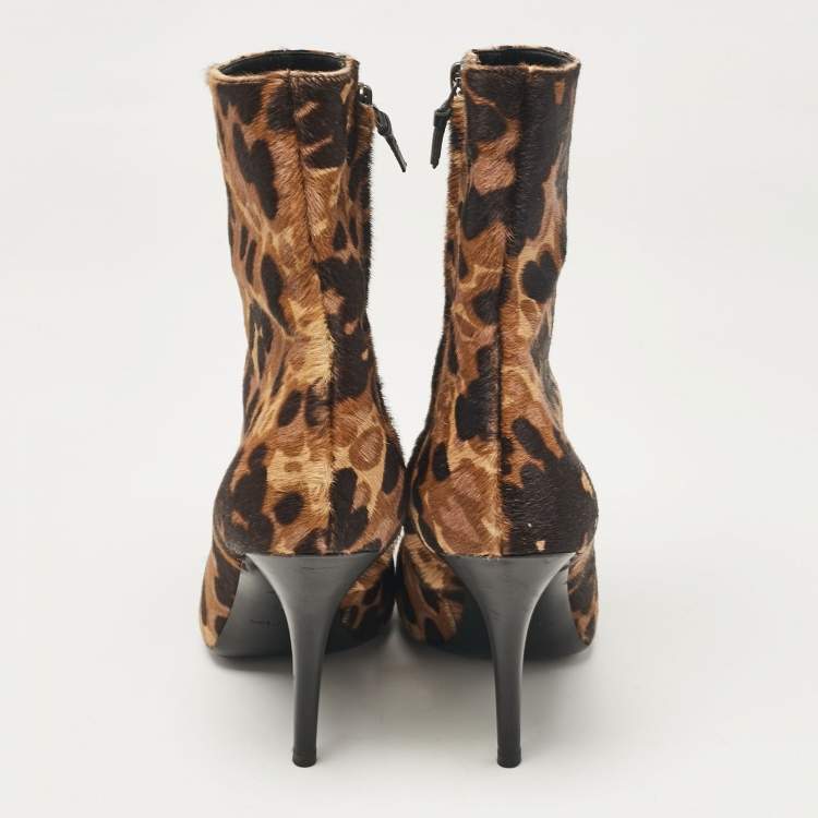 Pre Owned Balenciaga Brown Leopard Print Calf Hair Ankle Boots Size 39.5