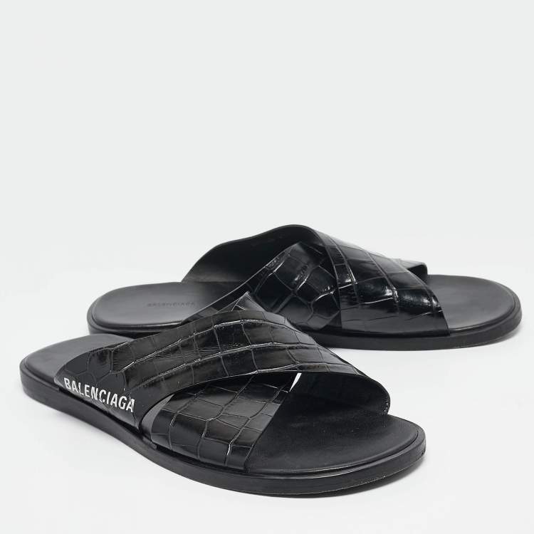 مملوكة مسبقًا Balenciaga Black Croc Embossed Leather Flat Slides Size 41.5