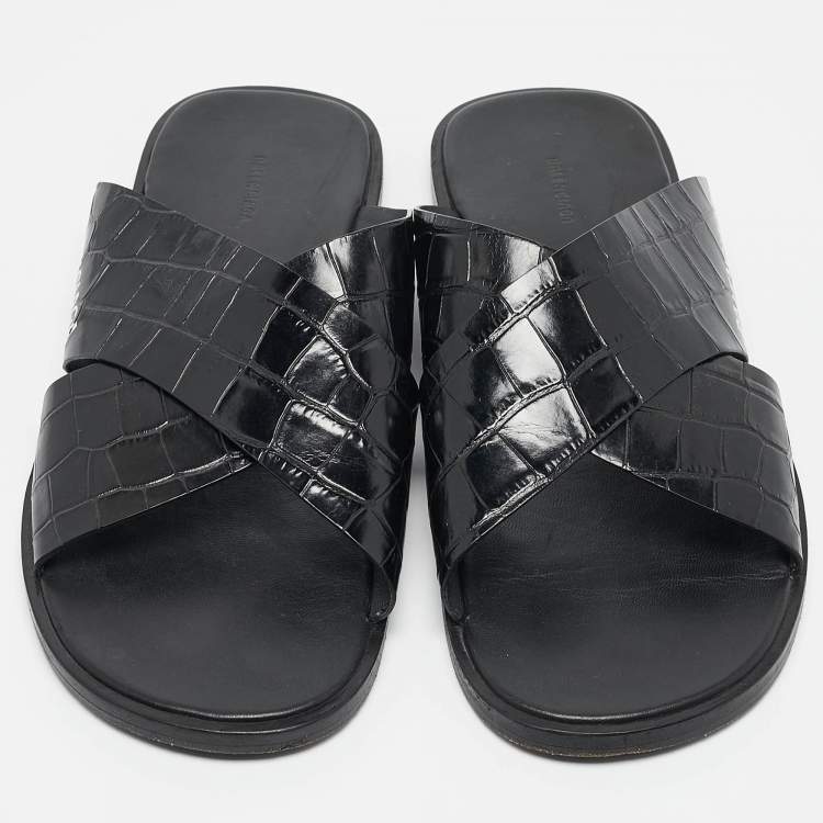 مملوكة مسبقًا Balenciaga Black Croc Embossed Leather Flat Slides Size 41.5