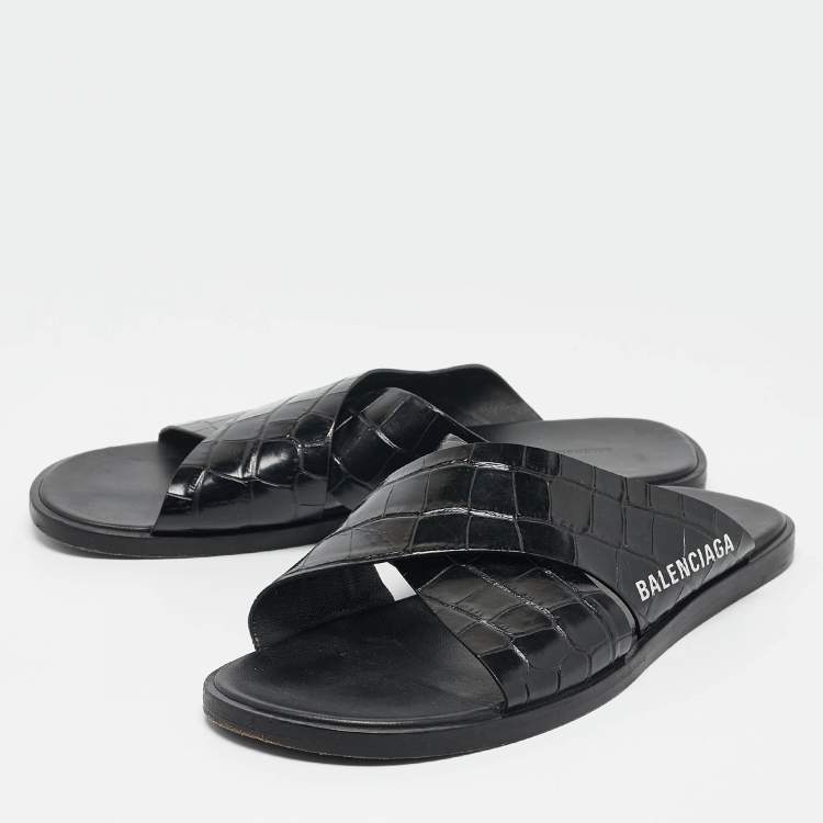 مملوكة مسبقًا Balenciaga Black Croc Embossed Leather Flat Slides Size 41.5