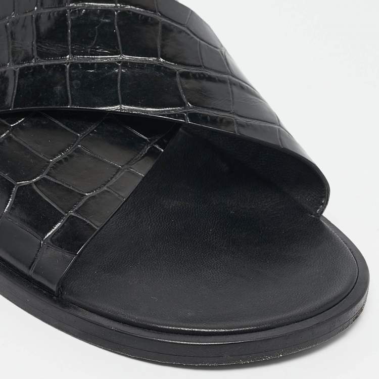 مملوكة مسبقًا Balenciaga Black Croc Embossed Leather Flat Slides Size 41.5