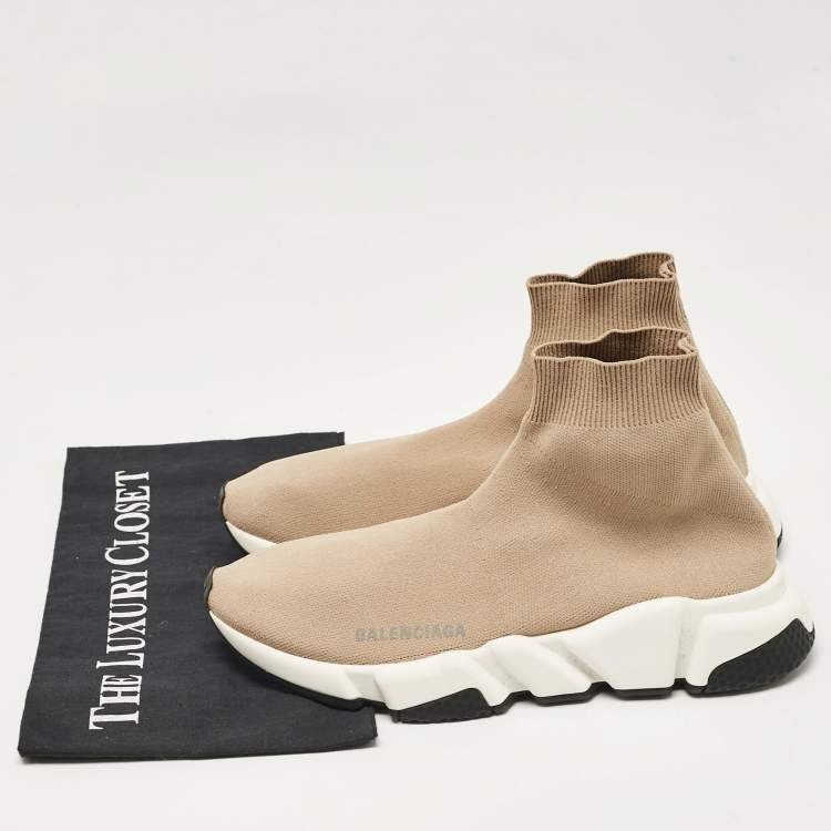 Pre Owned Balenciaga Beige Knit Fabric Speed High Top Sneakers Size 38