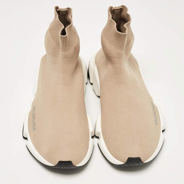 Pre Owned Balenciaga Beige Knit Fabric Speed High Top Sneakers Size 38