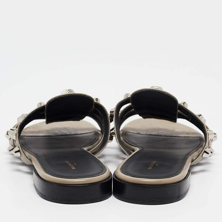 Pre Owned Balenciaga Grey Leather Arena Flat Sandals Size 39.5