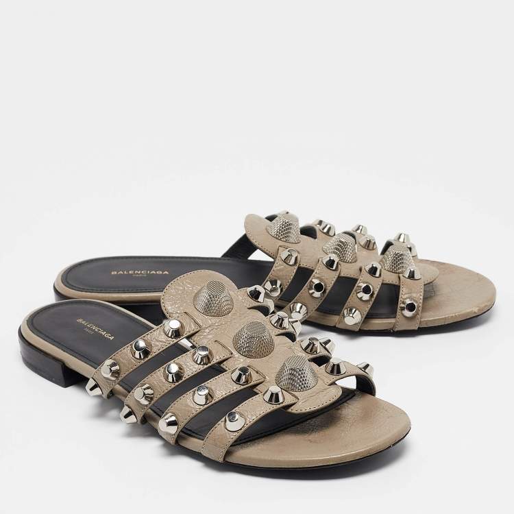 Pre Owned Balenciaga Grey Leather Arena Flat Sandals Size 39.5
