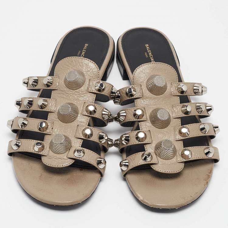 Pre Owned Balenciaga Grey Leather Arena Flat Sandals Size 39.5